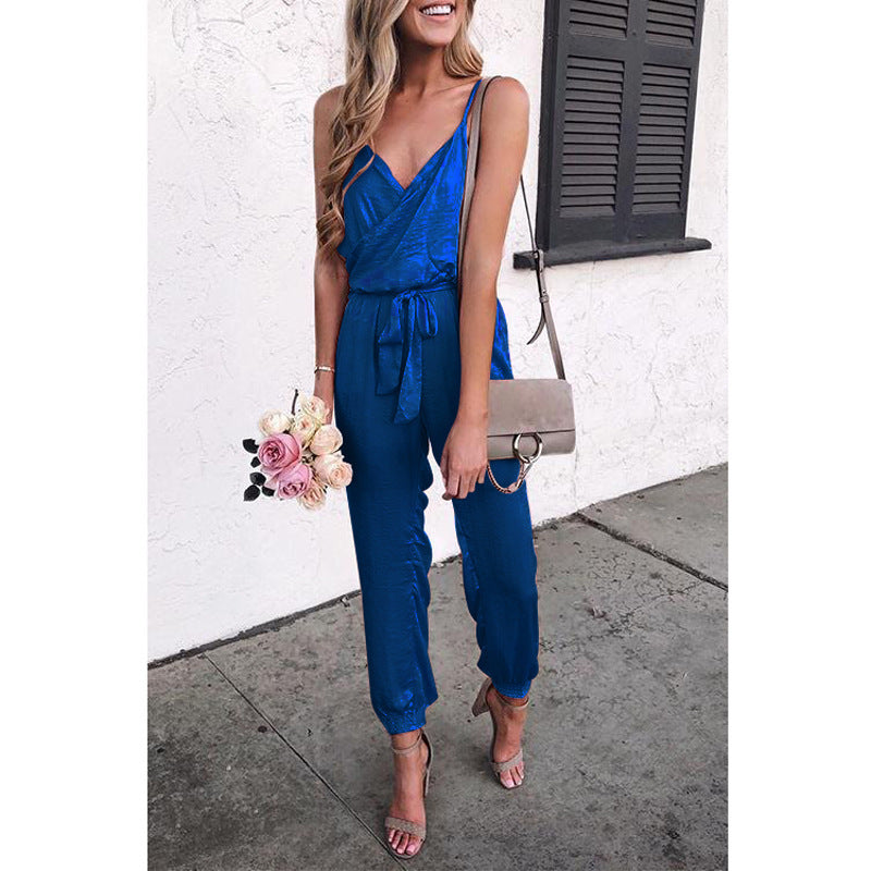 Women Solid Color Suspender Belt Jumpsuit – Elegant & Modern Look